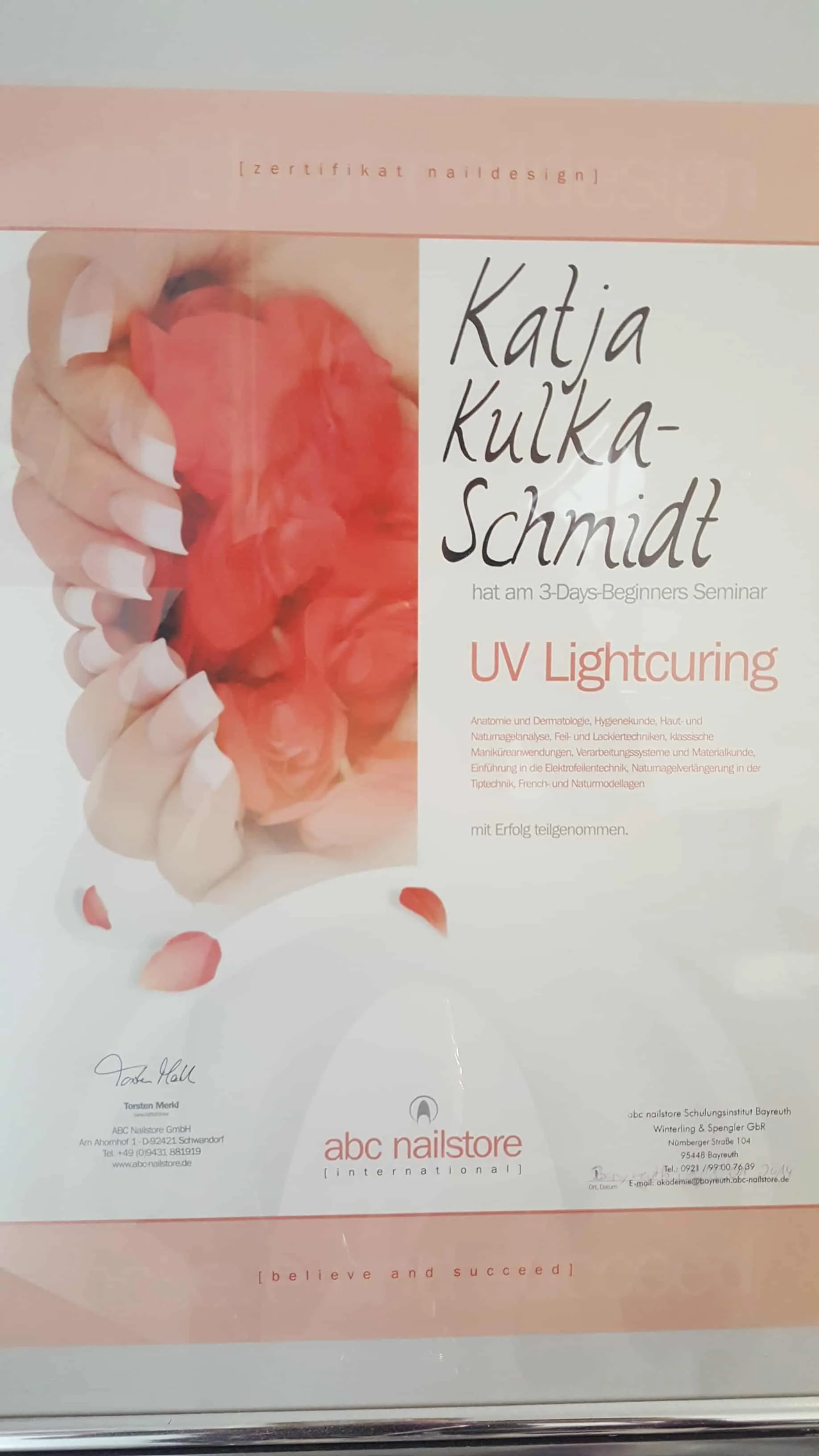Zertifikat Naildesign UV Lightcuring, ABC Nailstore Schulungsinstitut, Katja Kulka-Schmidt